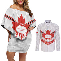 Personalized Canada Curling Couples Matching Off Shoulder Short Dress and Long Sleeve Button Shirt Maple Leaf White Version - Wonder Print Shop
