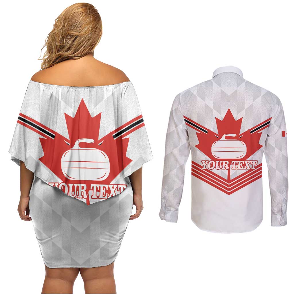 Personalized Canada Curling Couples Matching Off Shoulder Short Dress and Long Sleeve Button Shirt Maple Leaf White Version - Wonder Print Shop