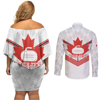 Personalized Canada Curling Couples Matching Off Shoulder Short Dress and Long Sleeve Button Shirt Maple Leaf White Version - Wonder Print Shop