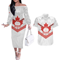 Personalized Canada Curling Couples Matching Off The Shoulder Long Sleeve Dress and Hawaiian Shirt Maple Leaf White Version - Wonder Print Shop