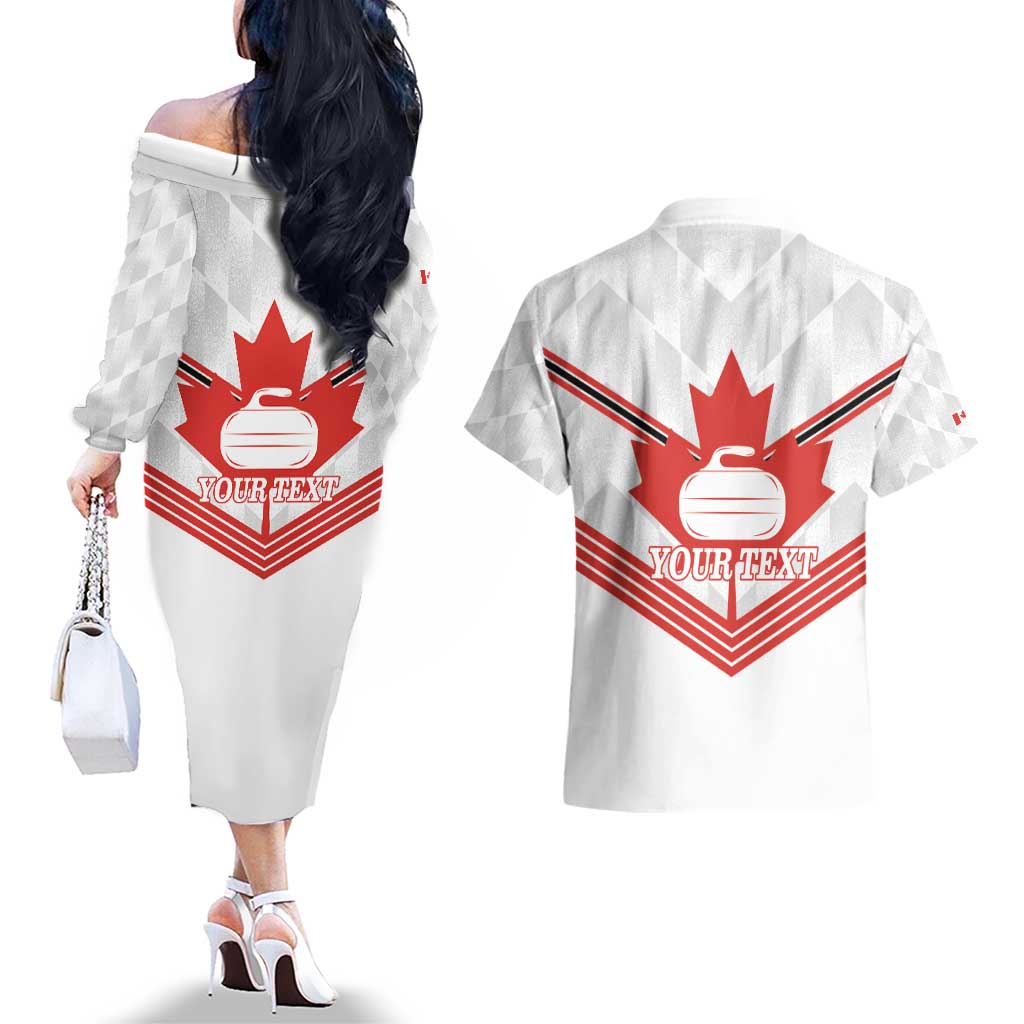 Personalized Canada Curling Couples Matching Off The Shoulder Long Sleeve Dress and Hawaiian Shirt Maple Leaf White Version - Wonder Print Shop