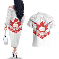 Personalized Canada Curling Couples Matching Off The Shoulder Long Sleeve Dress and Hawaiian Shirt Maple Leaf White Version - Wonder Print Shop