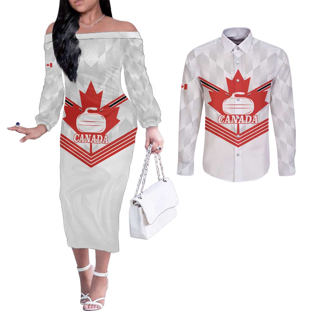 Personalized Canada Curling Couples Matching Off The Shoulder Long Sleeve Dress and Long Sleeve Button Shirt Maple Leaf White Version - Wonder Print Shop