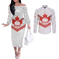 Personalized Canada Curling Couples Matching Off The Shoulder Long Sleeve Dress and Long Sleeve Button Shirt Maple Leaf White Version - Wonder Print Shop