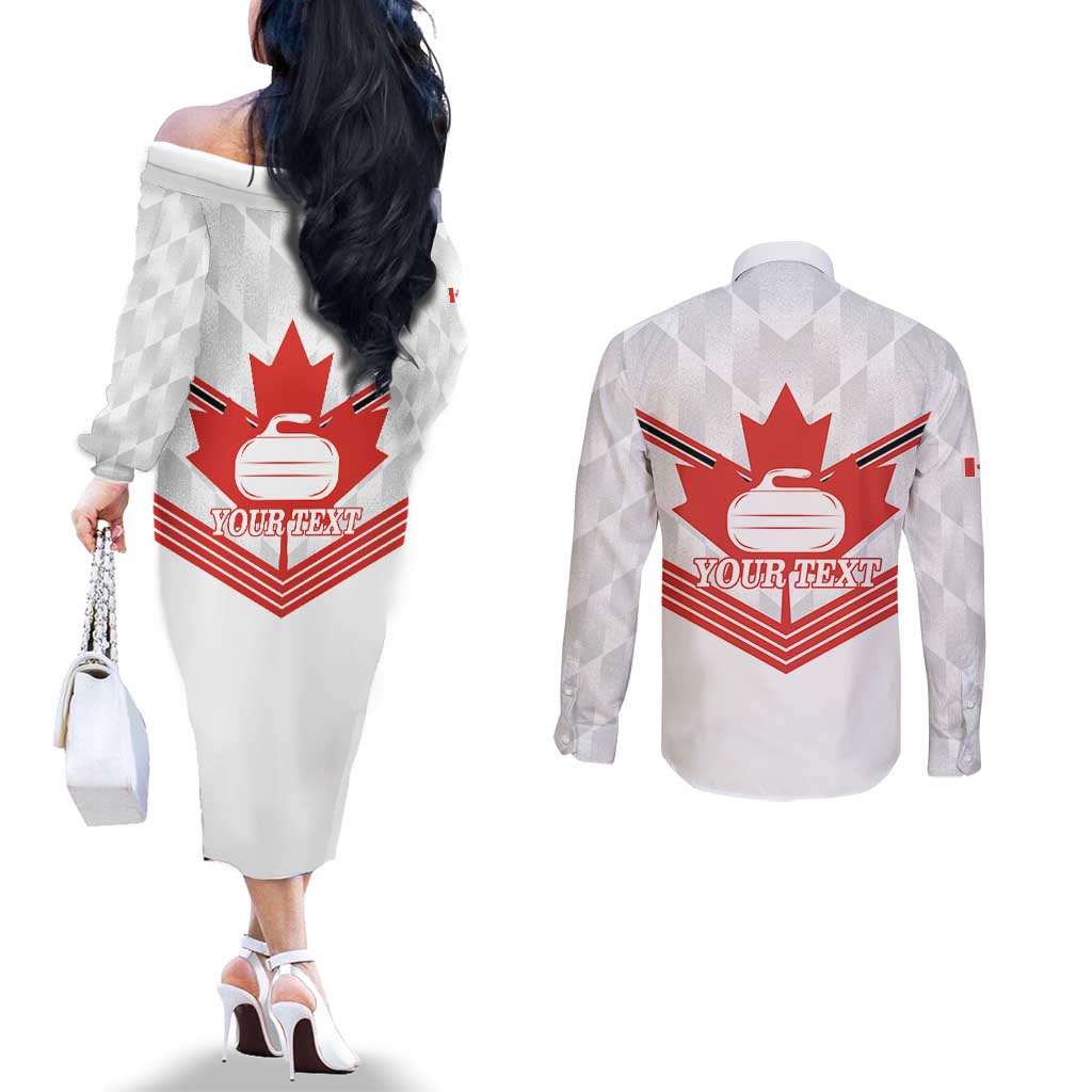 Personalized Canada Curling Couples Matching Off The Shoulder Long Sleeve Dress and Long Sleeve Button Shirt Maple Leaf White Version - Wonder Print Shop