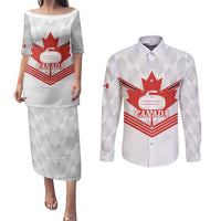 Personalized Canada Curling Couples Matching Puletasi and Long Sleeve Button Shirt Maple Leaf White Version - Wonder Print Shop