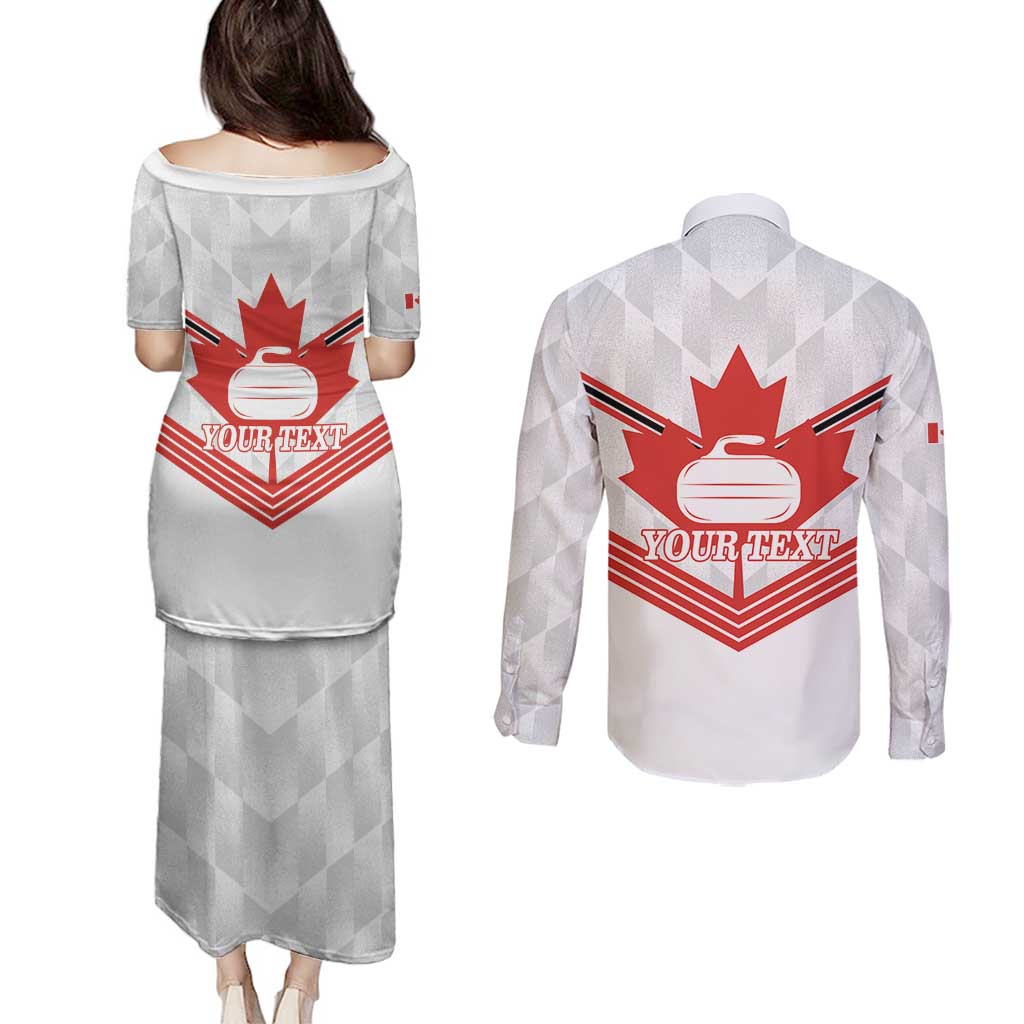 Personalized Canada Curling Couples Matching Puletasi and Long Sleeve Button Shirt Maple Leaf White Version - Wonder Print Shop