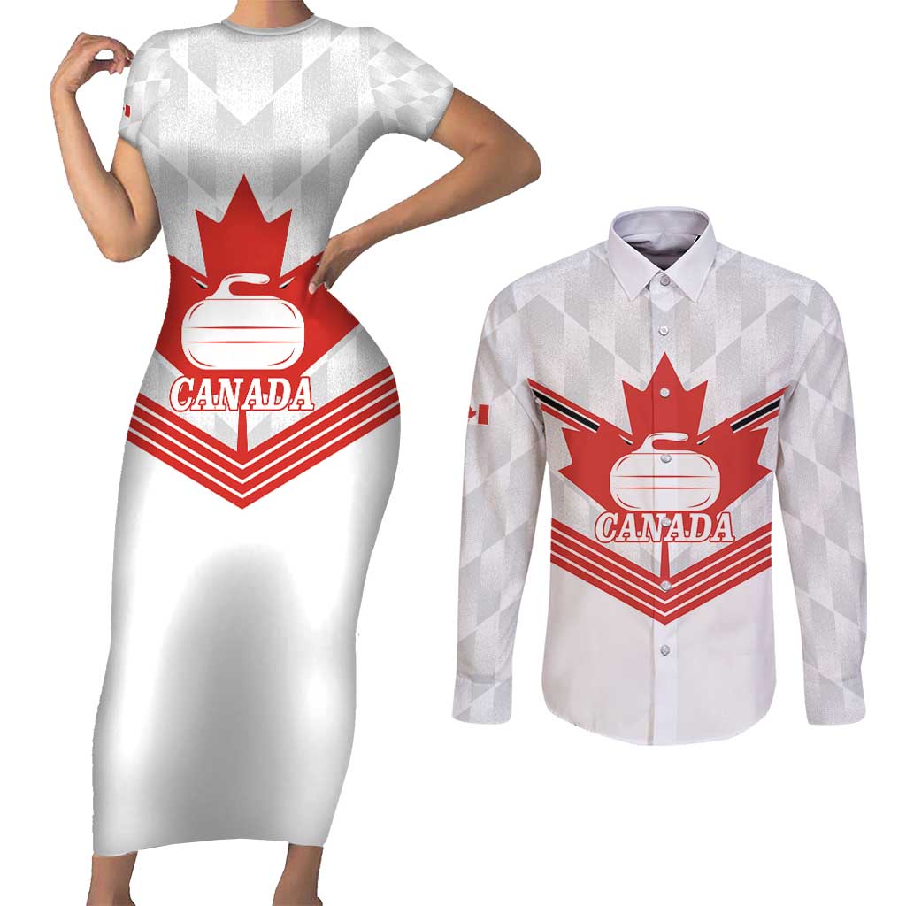Personalized Canada Curling Couples Matching Short Sleeve Bodycon Dress and Long Sleeve Button Shirt Maple Leaf White Version - Wonder Print Shop