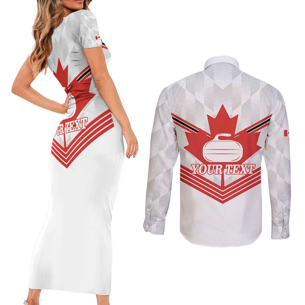 Personalized Canada Curling Couples Matching Short Sleeve Bodycon Dress and Long Sleeve Button Shirt Maple Leaf White Version - Wonder Print Shop