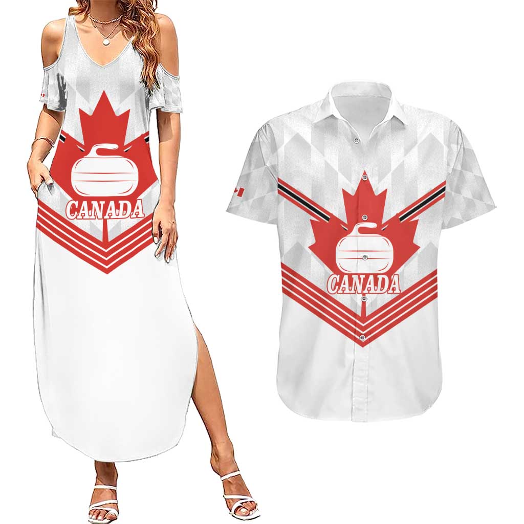 Personalized Canada Curling Couples Matching Summer Maxi Dress and Hawaiian Shirt Maple Leaf White Version - Wonder Print Shop