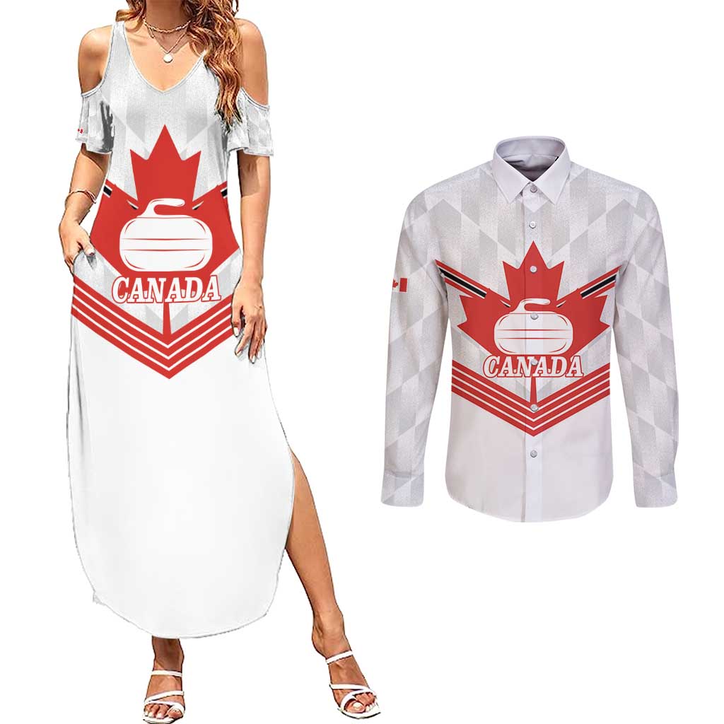 Personalized Canada Curling Couples Matching Summer Maxi Dress and Long Sleeve Button Shirt Maple Leaf White Version - Wonder Print Shop
