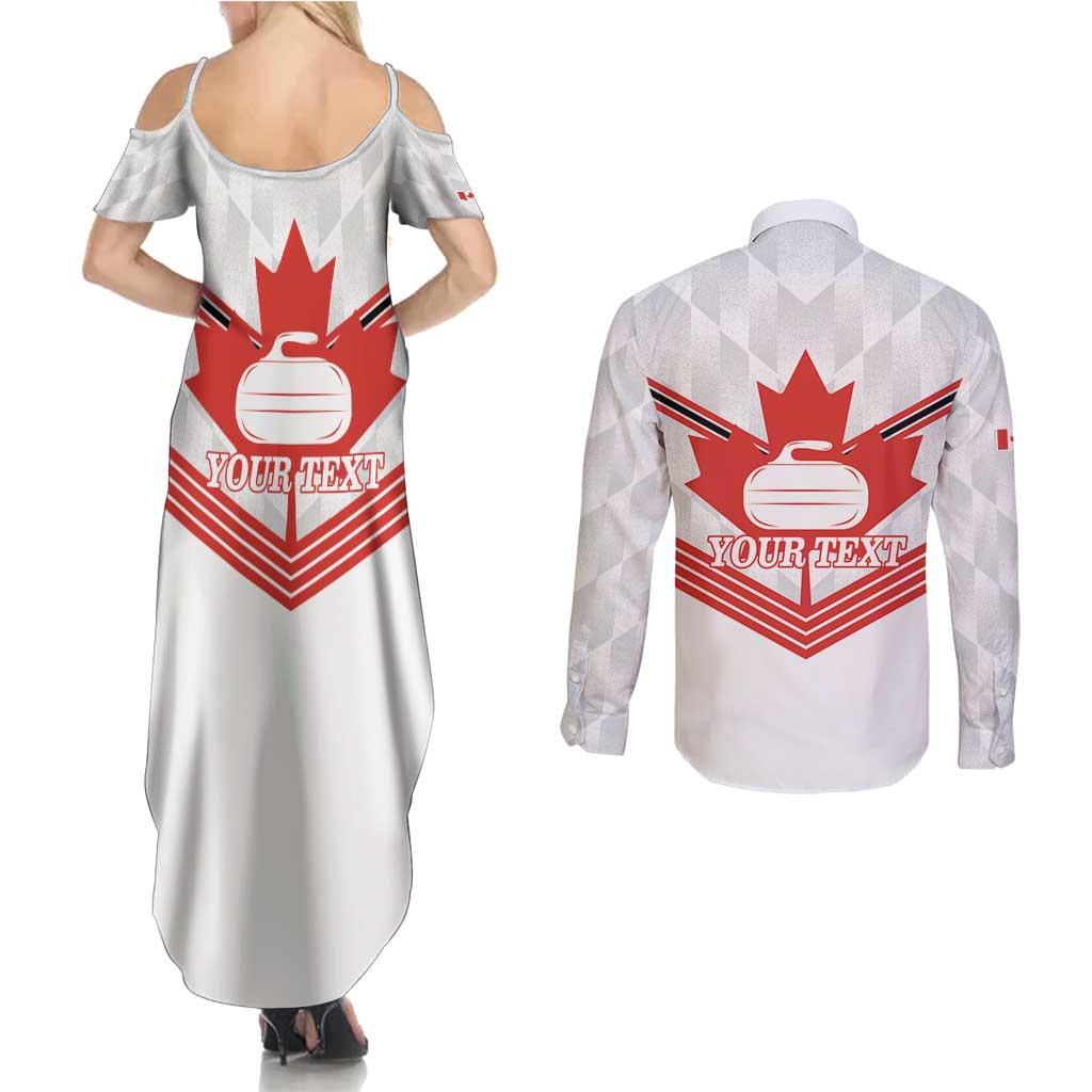 Personalized Canada Curling Couples Matching Summer Maxi Dress and Long Sleeve Button Shirt Maple Leaf White Version - Wonder Print Shop