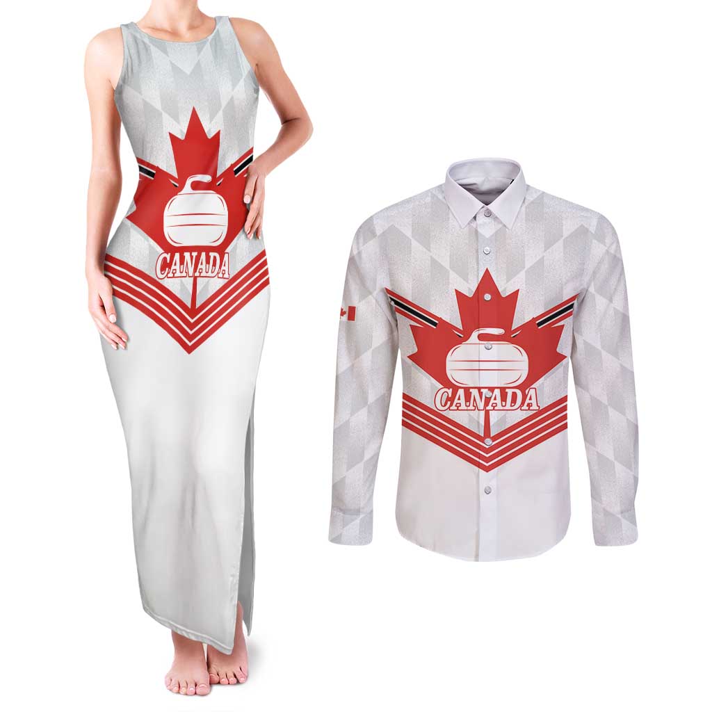 Personalized Canada Curling Couples Matching Tank Maxi Dress and Long Sleeve Button Shirt Maple Leaf White Version - Wonder Print Shop