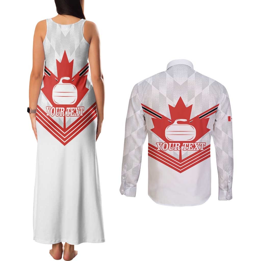 Personalized Canada Curling Couples Matching Tank Maxi Dress and Long Sleeve Button Shirt Maple Leaf White Version - Wonder Print Shop