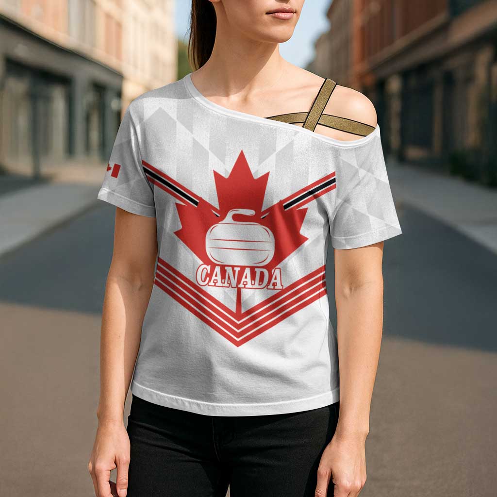 Personalized Canada Curling Cross Shoulder Shirt Maple Leaf White Version - Wonder Print Shop
