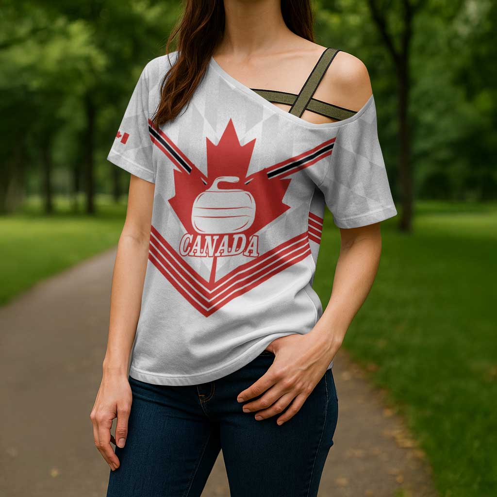 Personalized Canada Curling Cross Shoulder Shirt Maple Leaf White Version - Wonder Print Shop
