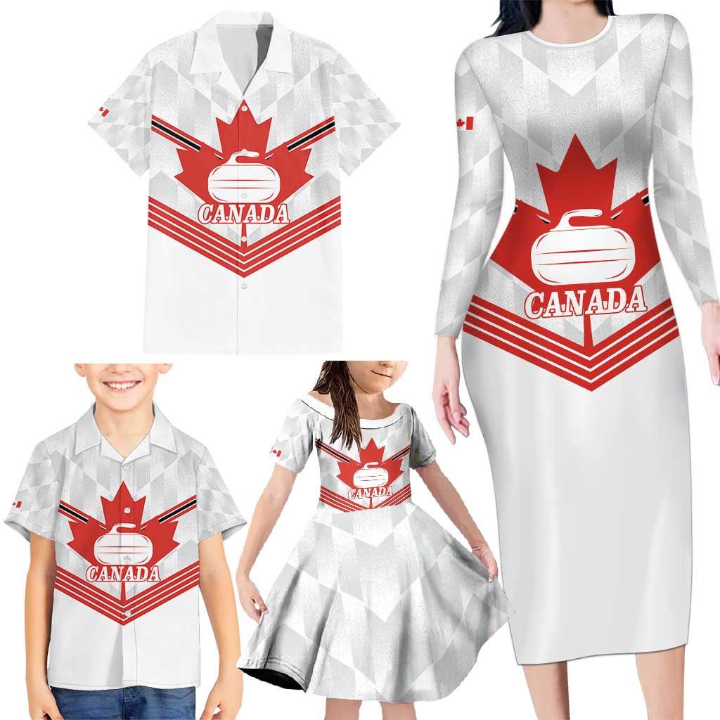 Personalized Canada Curling Family Matching Long Sleeve Bodycon Dress and Hawaiian Shirt Maple Leaf White Version - Wonder Print Shop