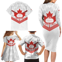 Personalized Canada Curling Family Matching Long Sleeve Bodycon Dress and Hawaiian Shirt Maple Leaf White Version - Wonder Print Shop