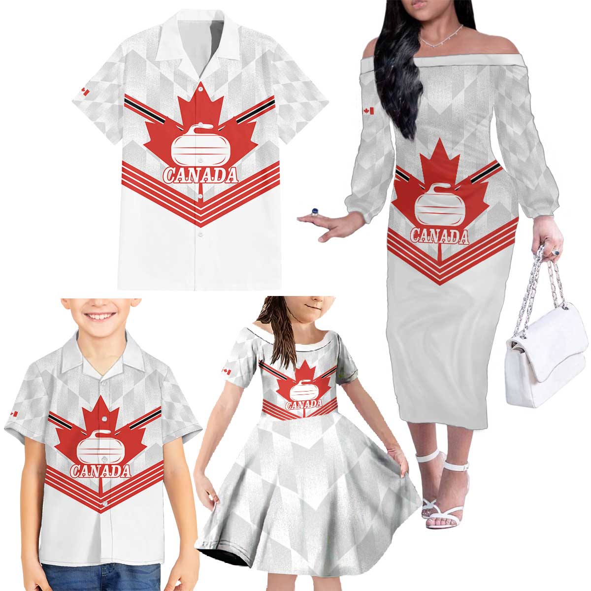 Personalized Canada Curling Family Matching Off The Shoulder Long Sleeve Dress and Hawaiian Shirt Maple Leaf White Version - Wonder Print Shop