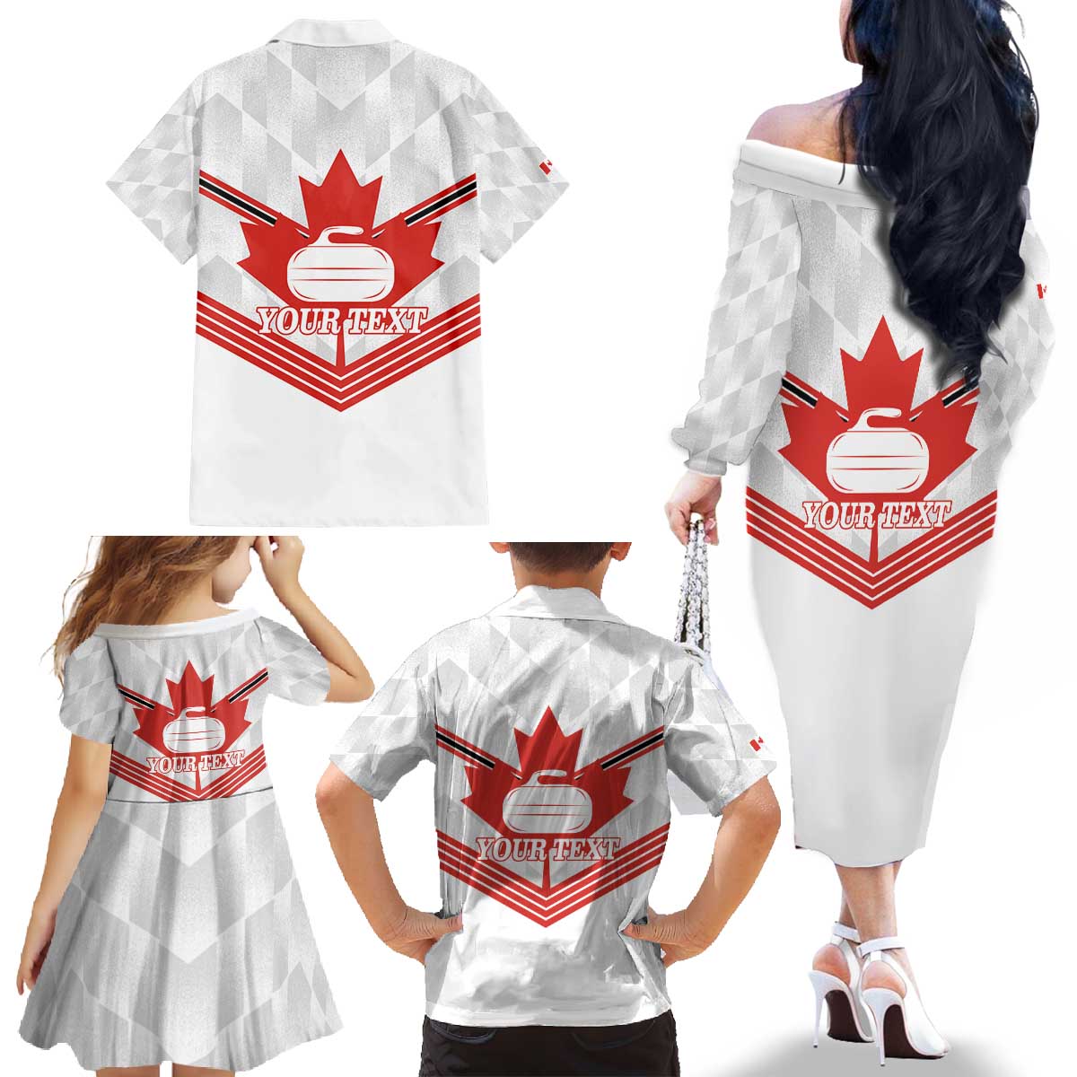 Personalized Canada Curling Family Matching Off The Shoulder Long Sleeve Dress and Hawaiian Shirt Maple Leaf White Version - Wonder Print Shop