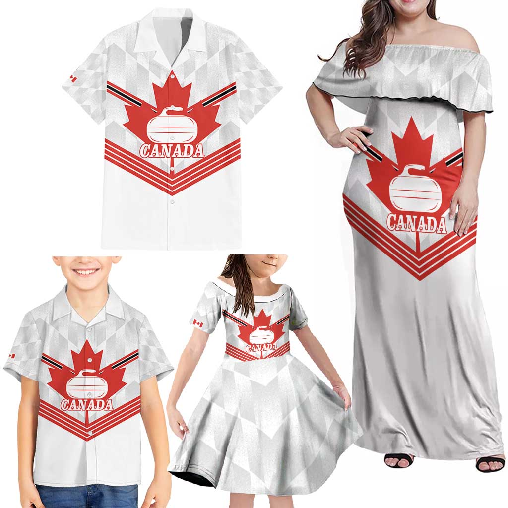 Personalized Canada Curling Family Matching Off Shoulder Maxi Dress and Hawaiian Shirt Maple Leaf White Version - Wonder Print Shop