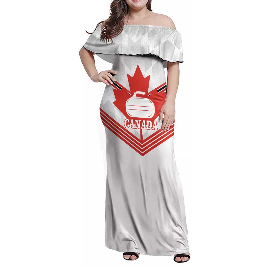 Personalized Canada Curling Family Matching Off Shoulder Maxi Dress and Hawaiian Shirt Maple Leaf White Version - Wonder Print Shop