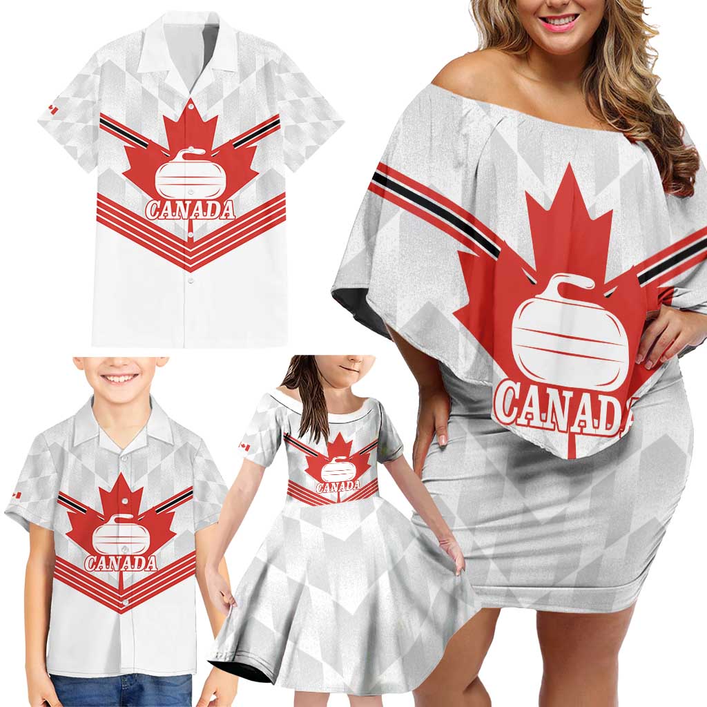 Personalized Canada Curling Family Matching Off Shoulder Short Dress and Hawaiian Shirt Maple Leaf White Version - Wonder Print Shop