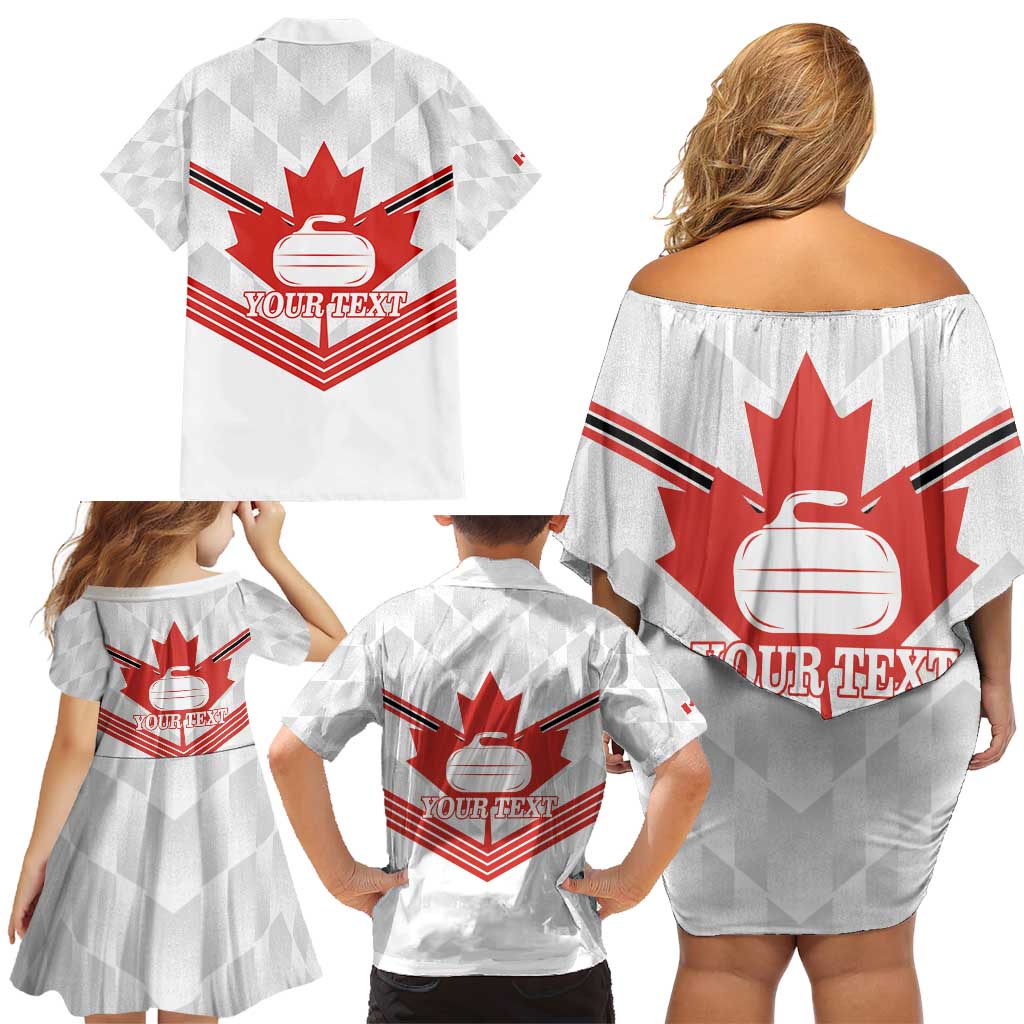 Personalized Canada Curling Family Matching Off Shoulder Short Dress and Hawaiian Shirt Maple Leaf White Version - Wonder Print Shop