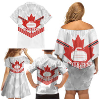 Personalized Canada Curling Family Matching Off Shoulder Short Dress and Hawaiian Shirt Maple Leaf White Version - Wonder Print Shop