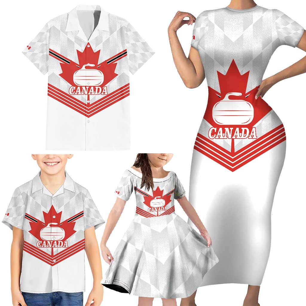 Personalized Canada Curling Family Matching Short Sleeve Bodycon Dress and Hawaiian Shirt Maple Leaf White Version - Wonder Print Shop