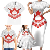 Personalized Canada Curling Family Matching Short Sleeve Bodycon Dress and Hawaiian Shirt Maple Leaf White Version - Wonder Print Shop