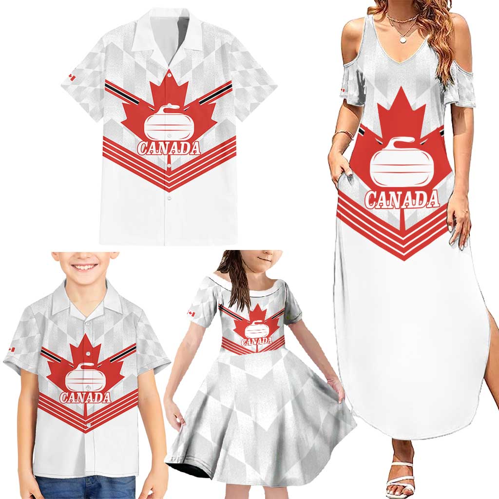 Personalized Canada Curling Family Matching Summer Maxi Dress and Hawaiian Shirt Maple Leaf White Version - Wonder Print Shop