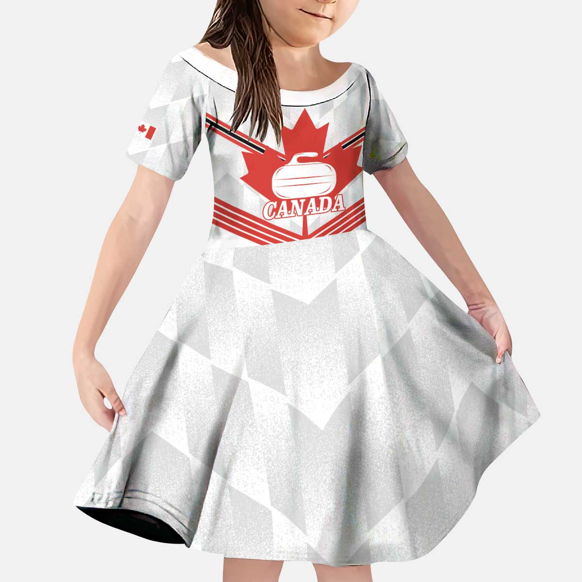 Personalized Canada Curling Kid Short Sleeve Dress Maple Leaf White Version - Wonder Print Shop