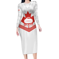 Personalized Canada Curling Long Sleeve Bodycon Dress Maple Leaf White Version - Wonder Print Shop