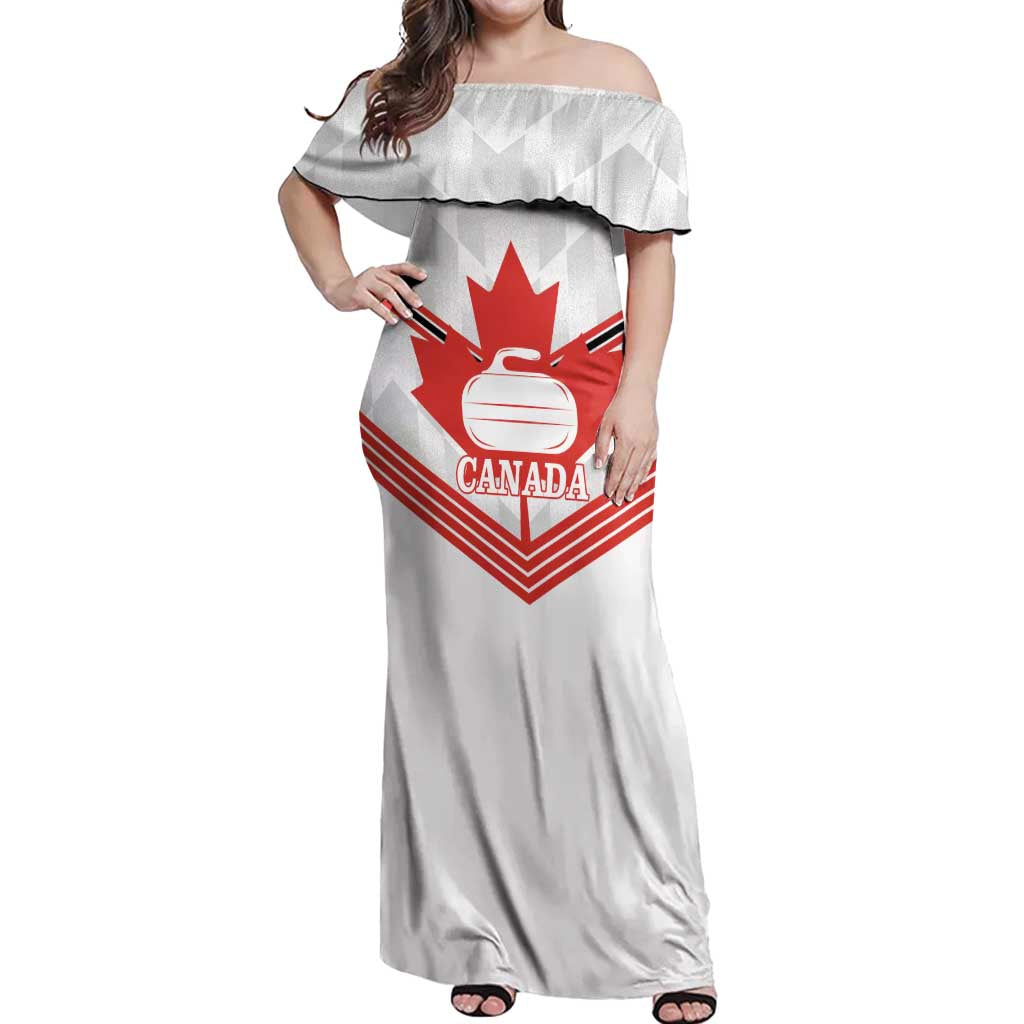 Personalized Canada Curling Off Shoulder Maxi Dress Maple Leaf White Version - Wonder Print Shop