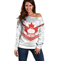 Personalized Canada Curling Off Shoulder Sweater Maple Leaf White Version - Wonder Print Shop