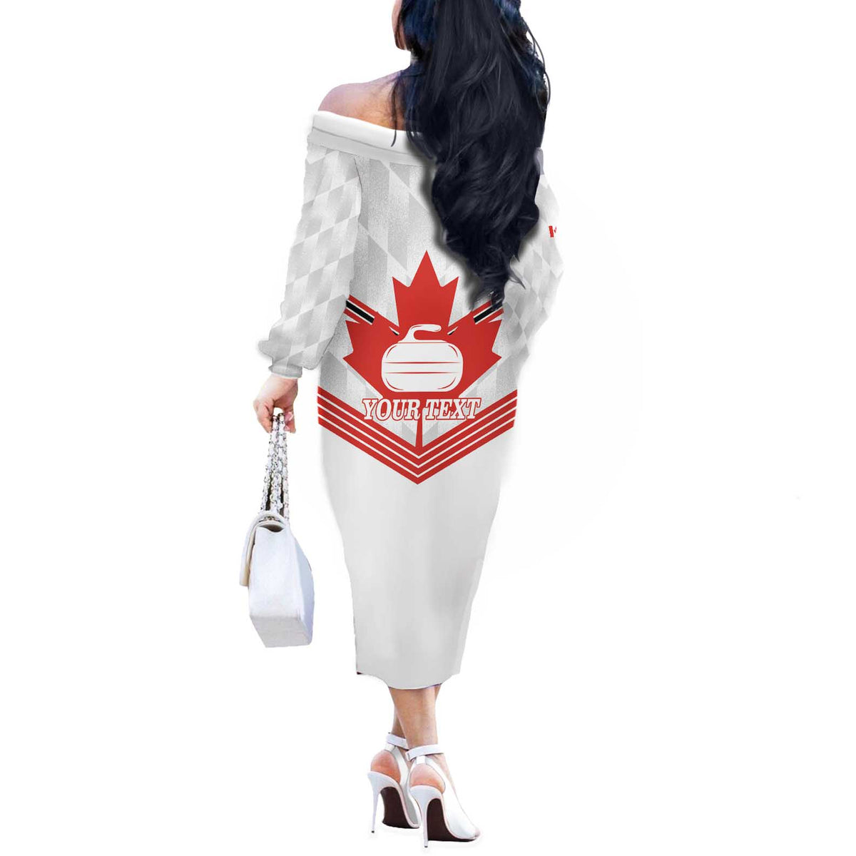 Personalized Canada Curling Off The Shoulder Long Sleeve Dress Maple Leaf White Version - Wonder Print Shop