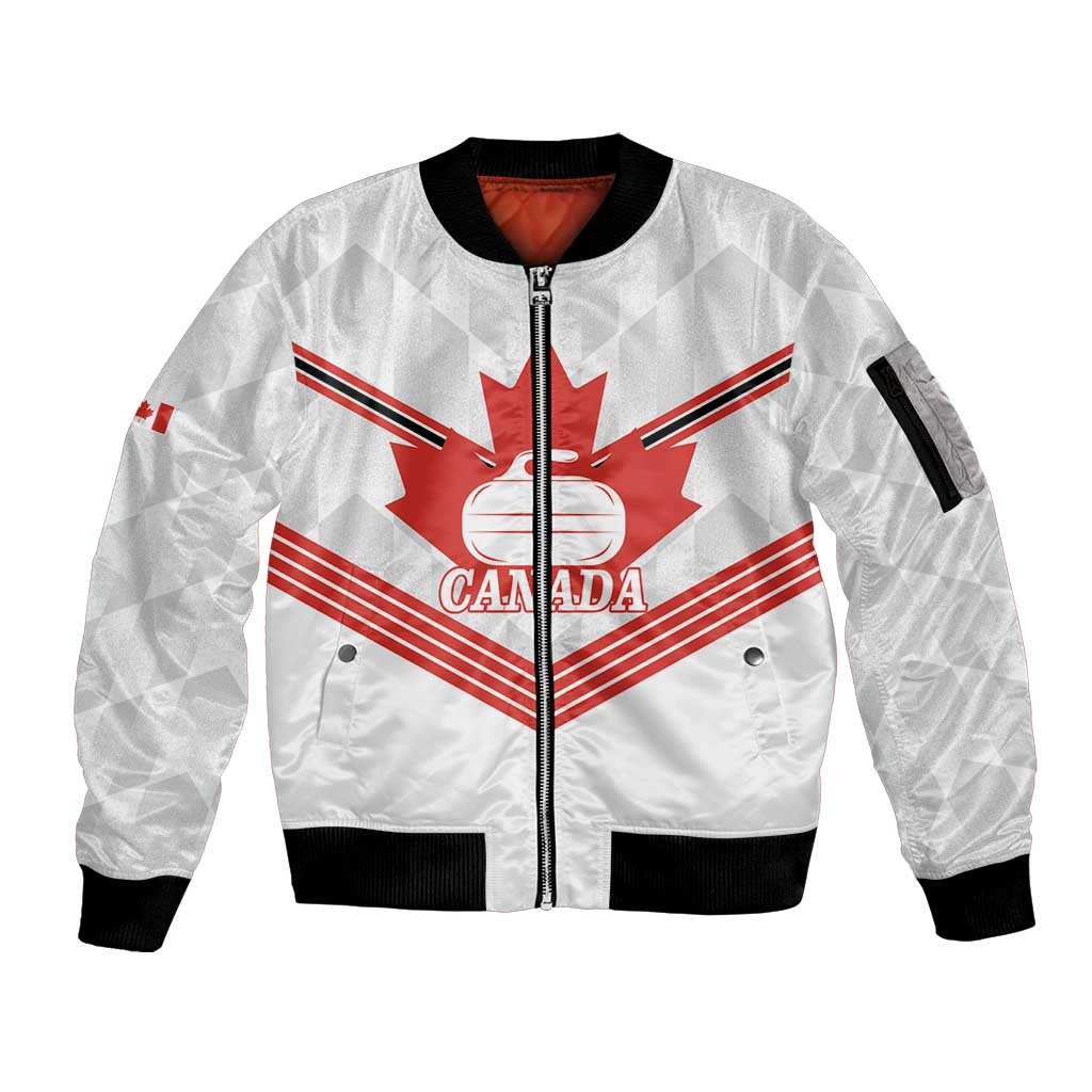 Personalized Canada Curling Sleeve Zip Bomber Jacket Maple Leaf White Version - Wonder Print Shop