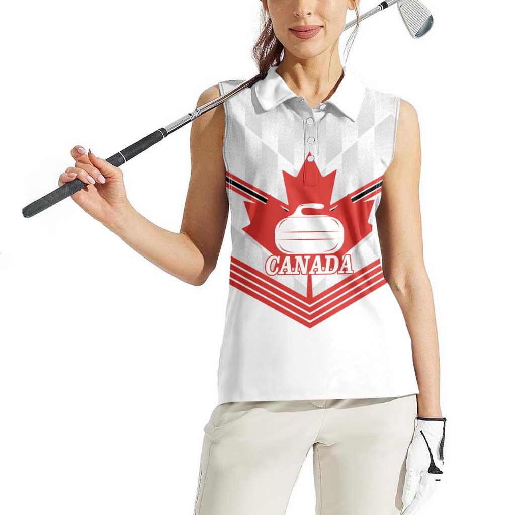 Personalized Canada Curling Women Sleeveless Polo Shirt Maple Leaf White Version - Wonder Print Shop