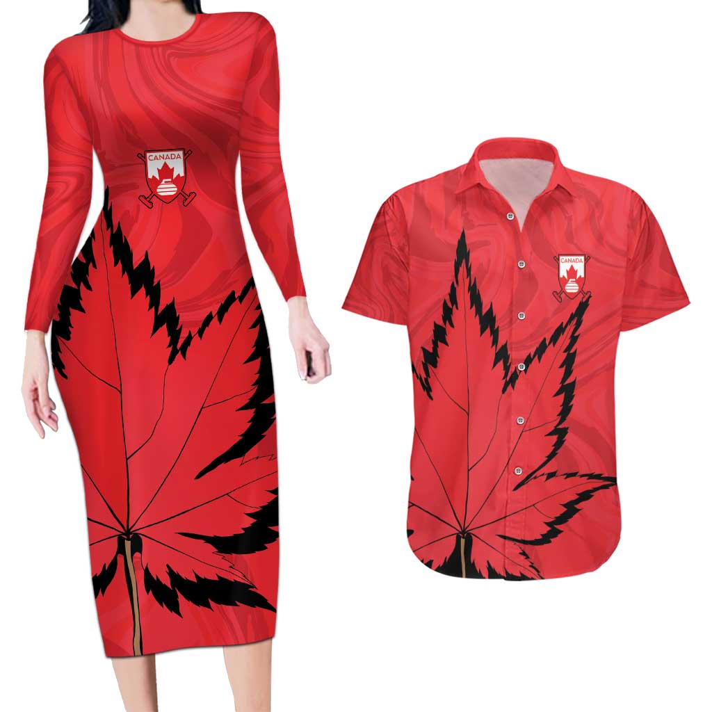 Custom Canada Curling Couples Matching Long Sleeve Bodycon Dress and Hawaiian Shirt Go Maple Leaf Marble Style - Wonder Print Shop