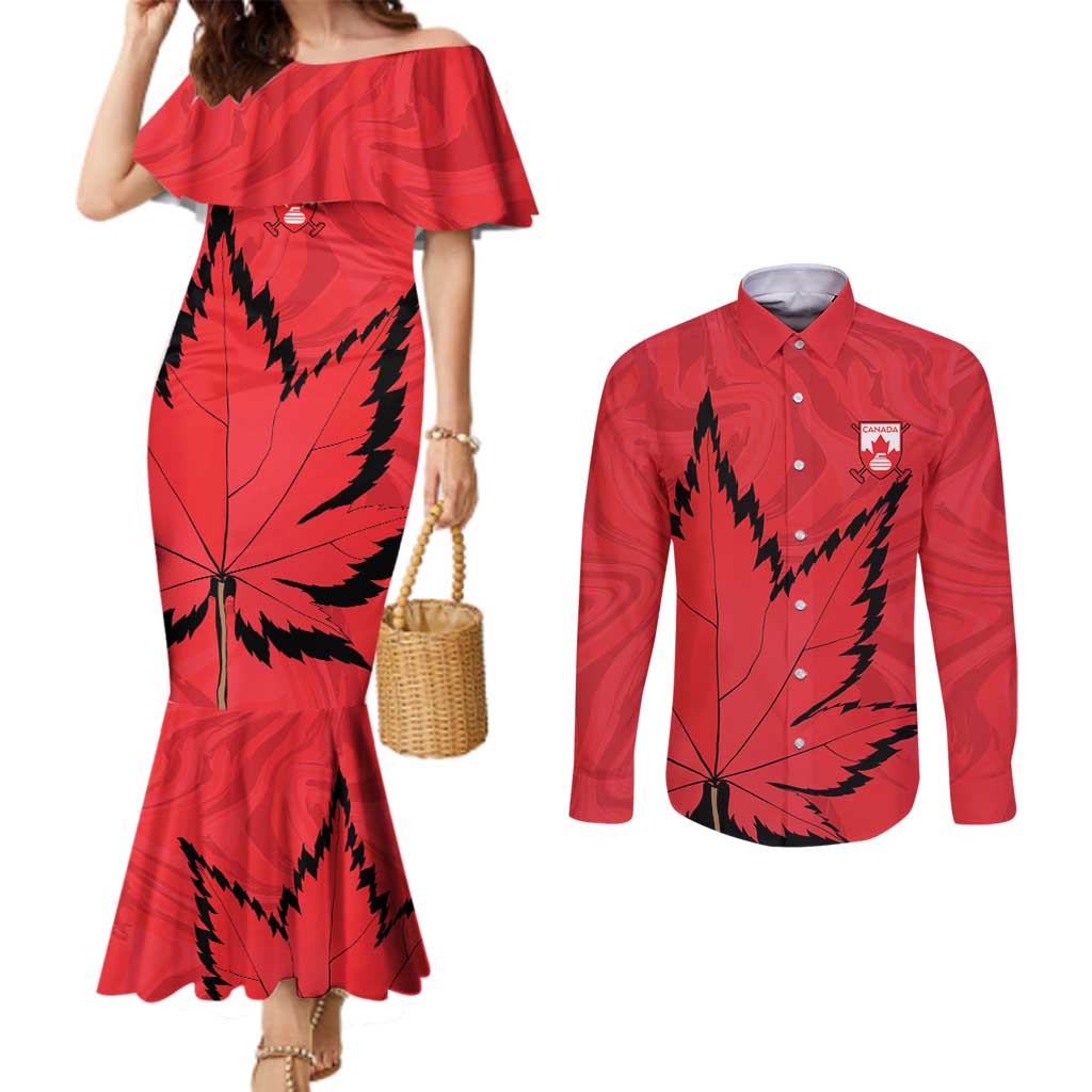 Custom Canada Curling Couples Matching Mermaid Dress and Long Sleeve Button Shirt Go Maple Leaf Marble Style - Wonder Print Shop