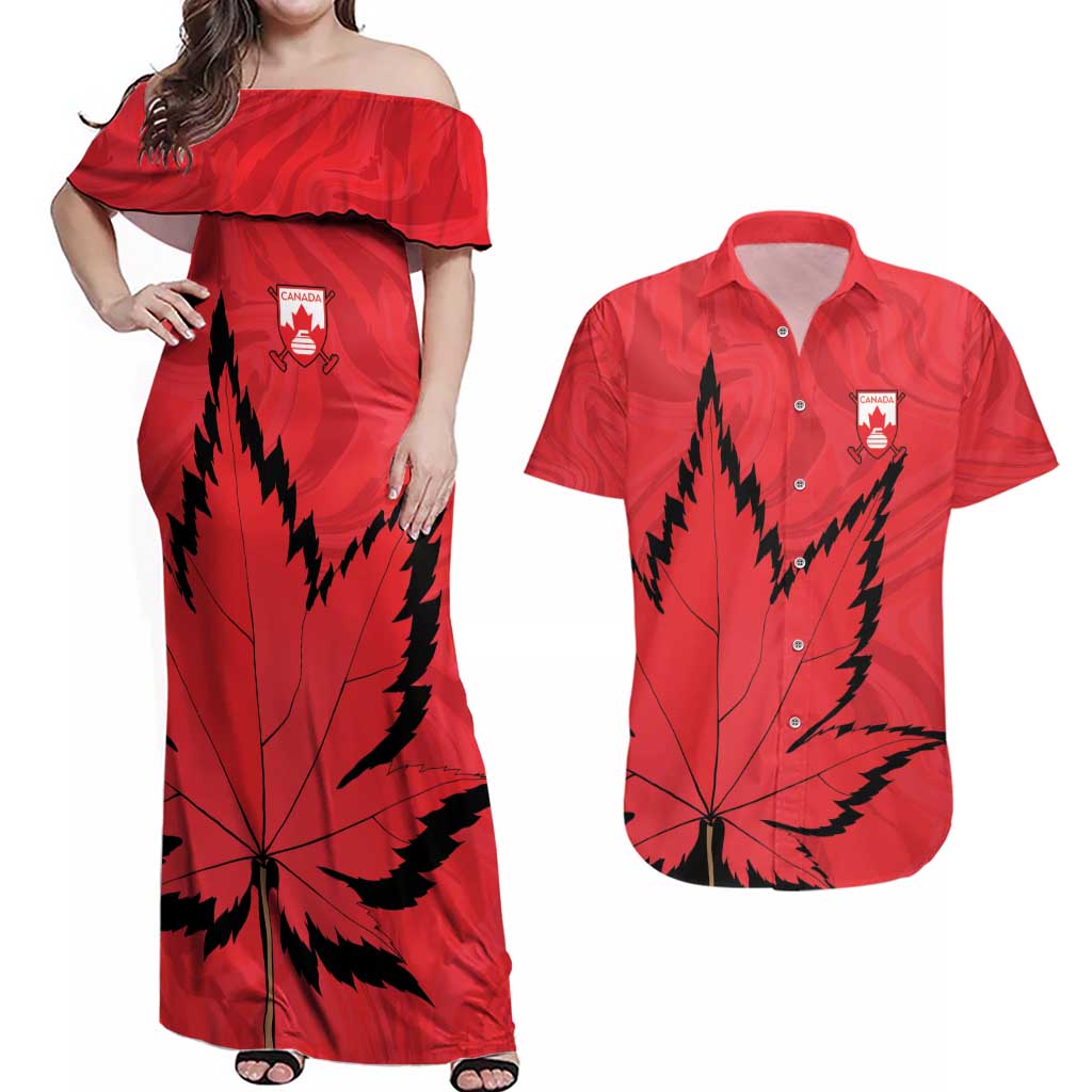 Custom Canada Curling Couples Matching Off Shoulder Maxi Dress and Hawaiian Shirt Go Maple Leaf Marble Style - Wonder Print Shop