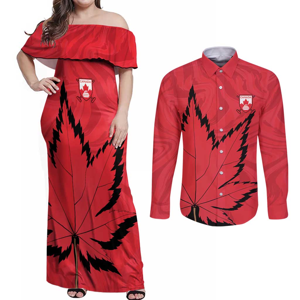 Custom Canada Curling Couples Matching Off Shoulder Maxi Dress and Long Sleeve Button Shirt Go Maple Leaf Marble Style - Wonder Print Shop