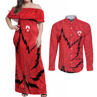 Custom Canada Curling Couples Matching Off Shoulder Maxi Dress and Long Sleeve Button Shirt Go Maple Leaf Marble Style - Wonder Print Shop