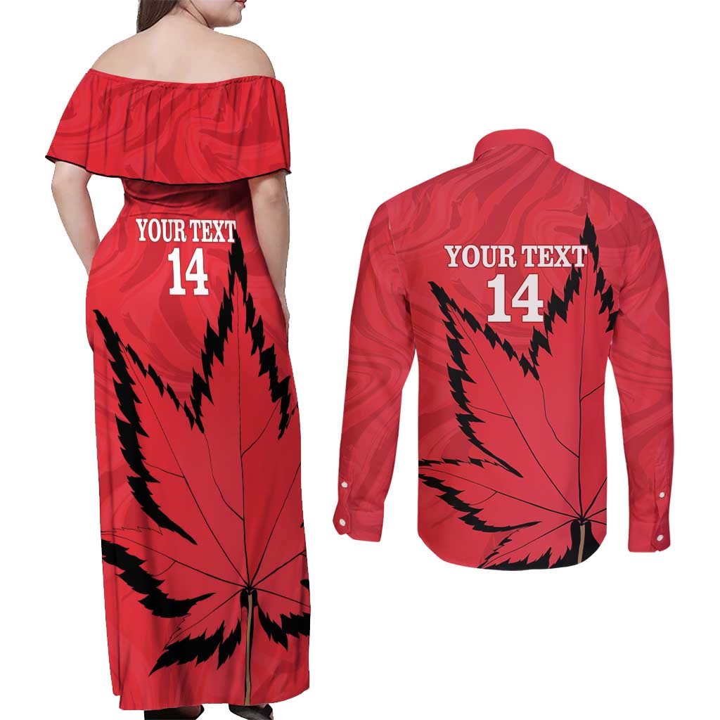 Custom Canada Curling Couples Matching Off Shoulder Maxi Dress and Long Sleeve Button Shirt Go Maple Leaf Marble Style - Wonder Print Shop