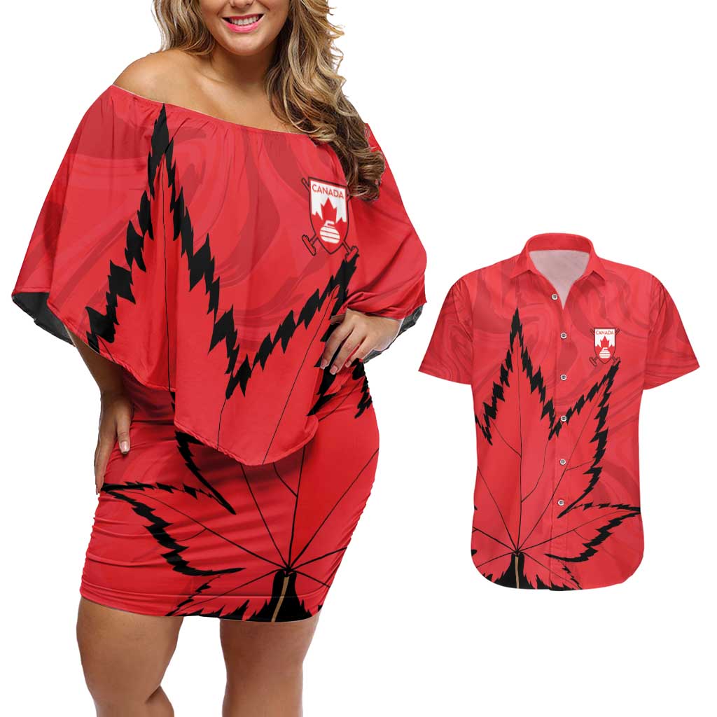 Custom Canada Curling Couples Matching Off Shoulder Short Dress and Hawaiian Shirt Go Maple Leaf Marble Style - Wonder Print Shop