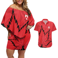 Custom Canada Curling Couples Matching Off Shoulder Short Dress and Hawaiian Shirt Go Maple Leaf Marble Style - Wonder Print Shop