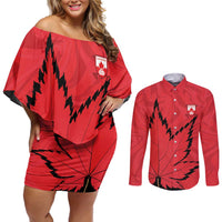 Custom Canada Curling Couples Matching Off Shoulder Short Dress and Long Sleeve Button Shirt Go Maple Leaf Marble Style - Wonder Print Shop