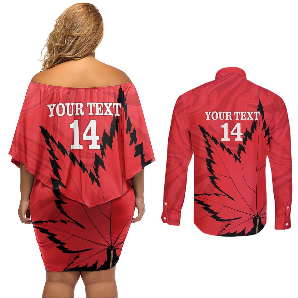 Custom Canada Curling Couples Matching Off Shoulder Short Dress and Long Sleeve Button Shirt Go Maple Leaf Marble Style - Wonder Print Shop