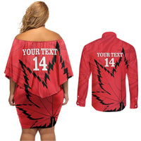 Custom Canada Curling Couples Matching Off Shoulder Short Dress and Long Sleeve Button Shirt Go Maple Leaf Marble Style - Wonder Print Shop